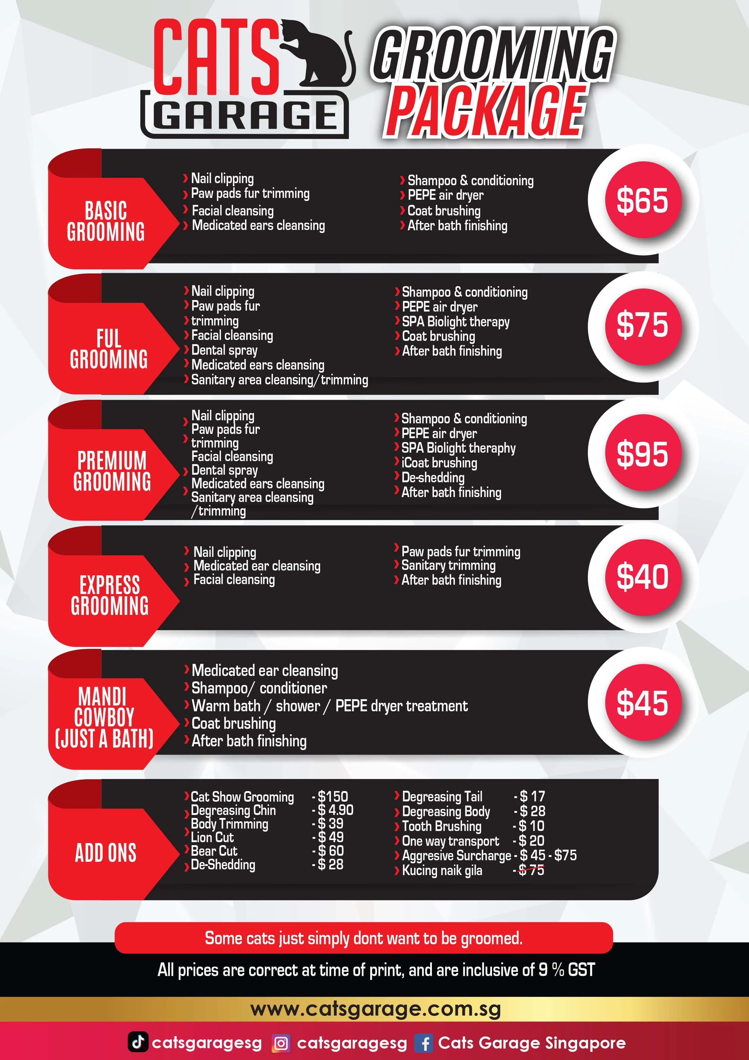 Cats Garage grooming packages and add-ons, including what each package covers